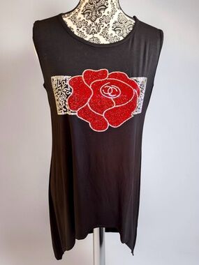 SHINY Handkerchief-Hem Tunic with Crystal Rose Graphic. Open Size. NWT.